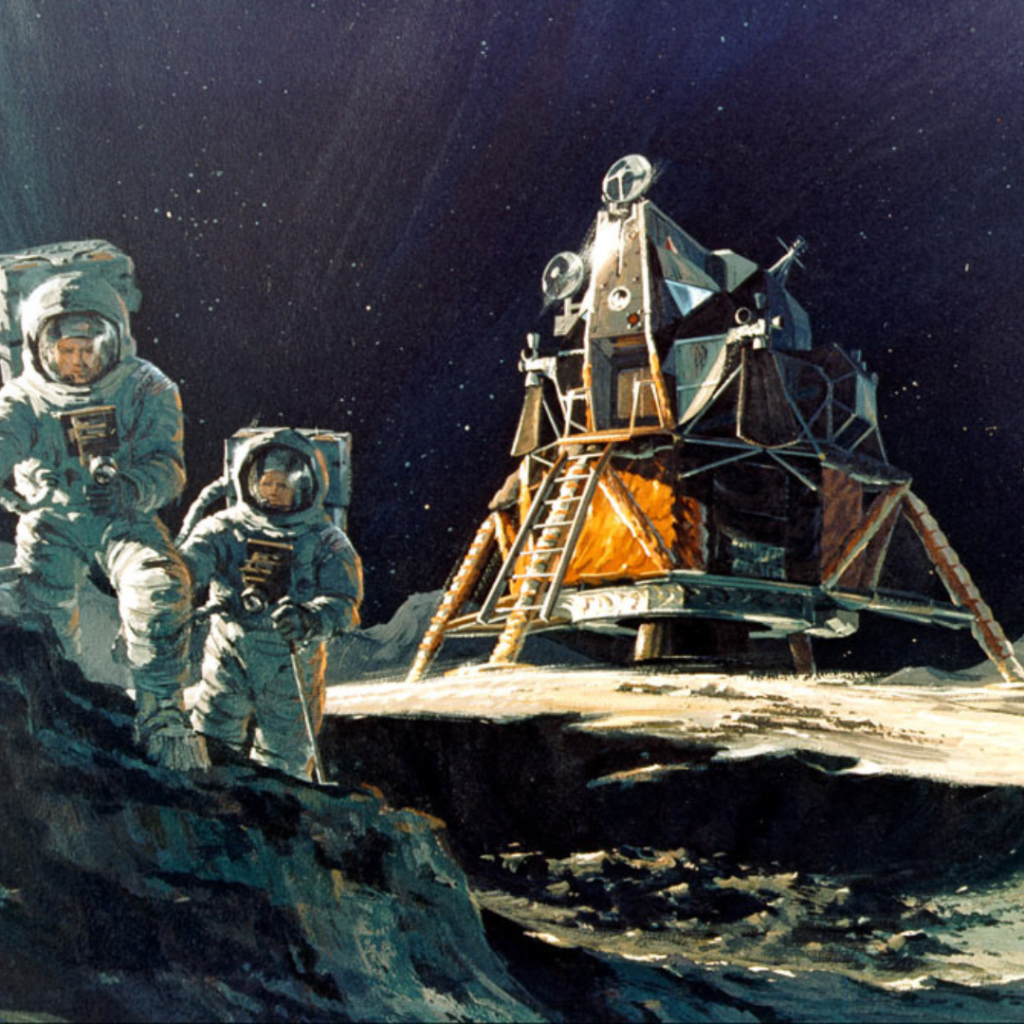 An artist's fanciful view of the Apollo 13 crew working on the lunar surface. Scan by Kipp Teague.