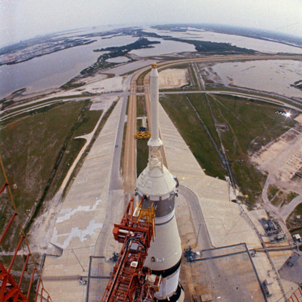 View of Apollo 13 Saturn V from the tower during Countdown Demonstration Test. Photo dated 25 March 1970. Scan by Kipp Teague.
