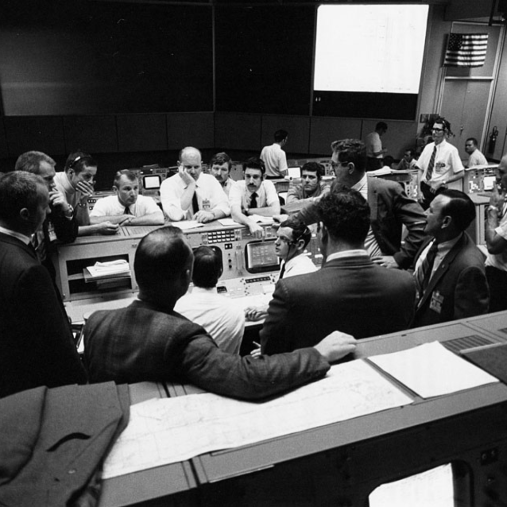 Mission Control during final 24 hours of Apollo 13 mission. April 16, 1970. Scan by Kipp Teague.