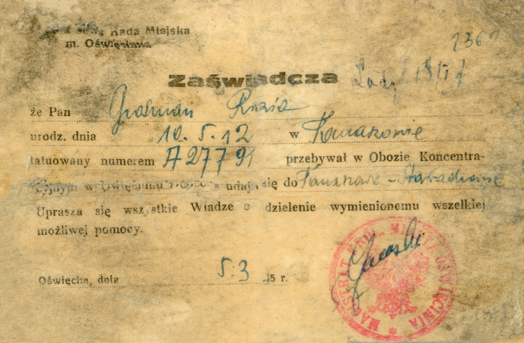 Identification card given to Reizel by the International Red Cross to provide safe passage home from Auschwitz. 1945