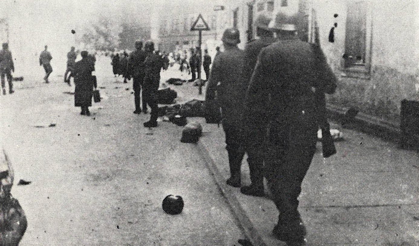 German soldiers clearing the streets of Tomaszów Mazowiecki after deporting six thousand Jews from the ghetto to Treblinka.